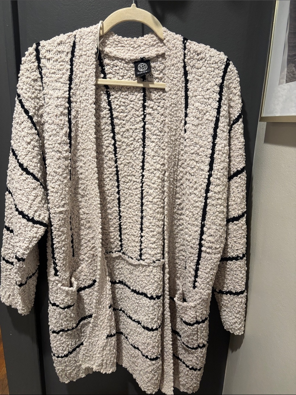 bobeau Cream Bouclé Open-Front Cardigan with Black Stripes
